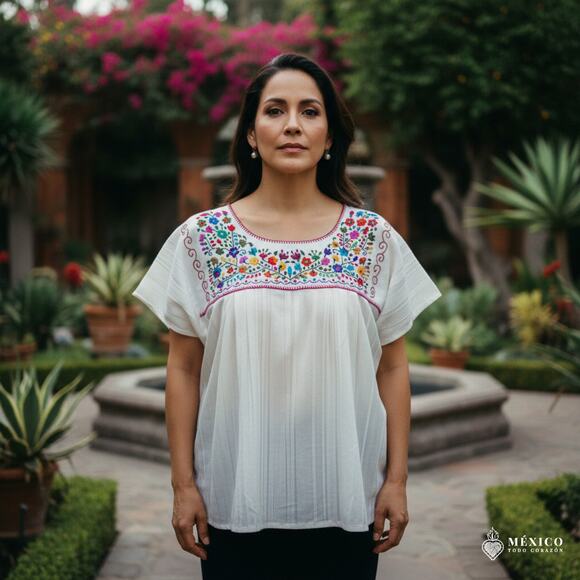 Mexican Embroidered Blouse – Handmade Otomi Floral Animals Design Large 28c23in - Picture 1 of 12